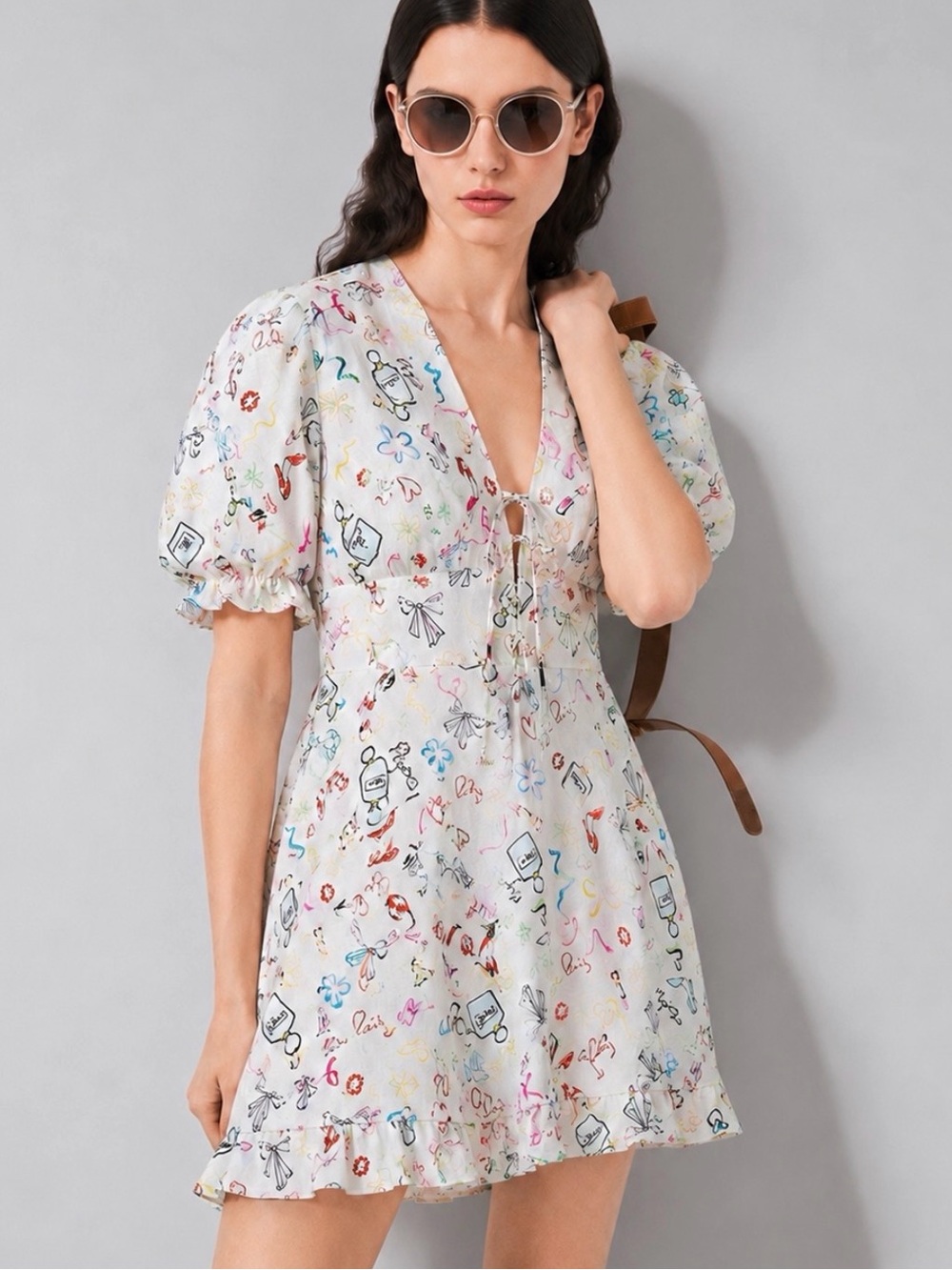MAJE Ramake Printed Puff-Sleeve Ruffle Mini Dress Size 38/M